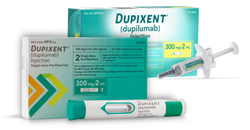 Dupixent® (dupilumab) pre-filled pen & pre-filled syringe (300 mg) product packaging