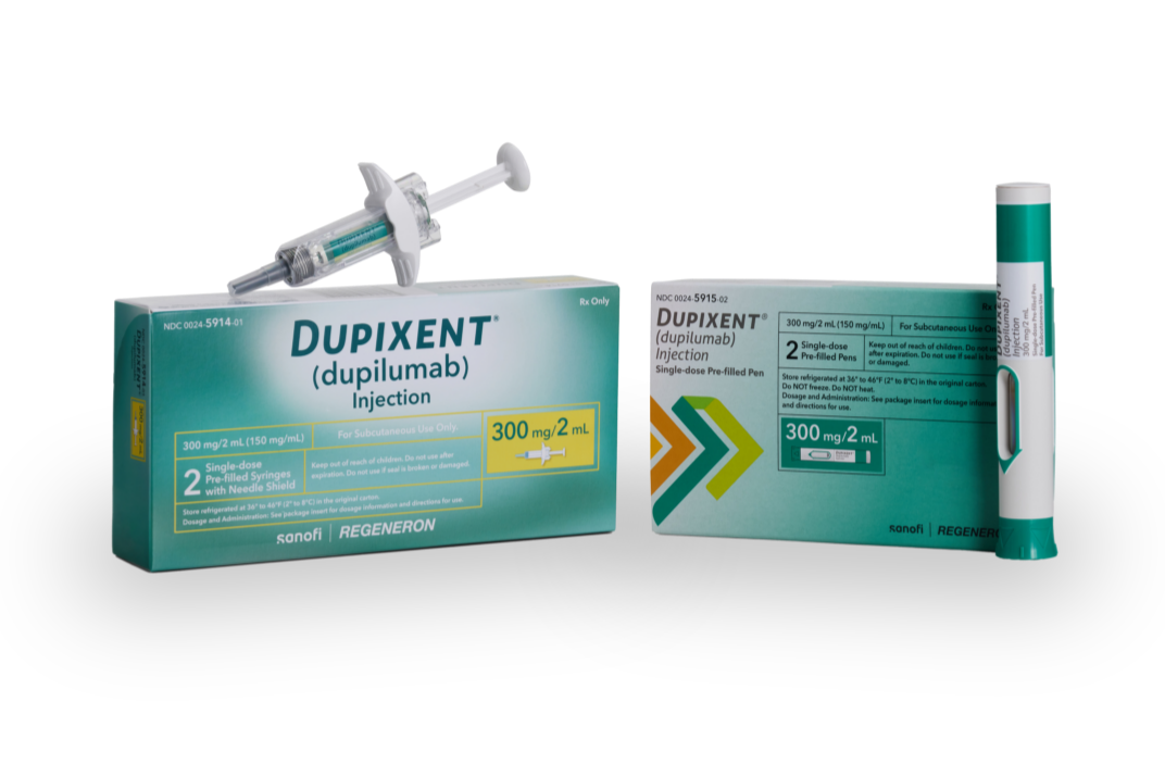 Dupixent® (dupilumab) 300mg pre-filled pen and syringe packaging