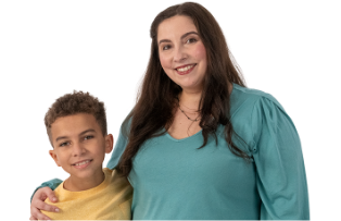 Christan (caregiver) and Aston (real patient) smiling